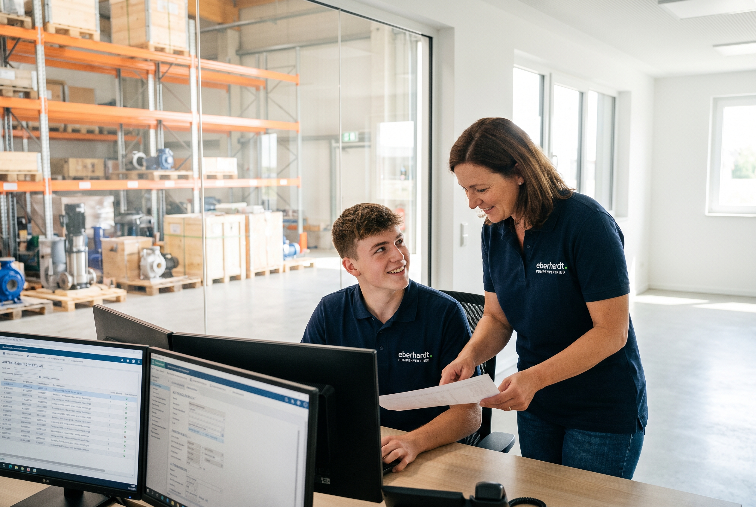 Auszubildender und Mentorin arbeiten gemeinsam an einem digitalen Arbeitsplatz bei Eberhardt