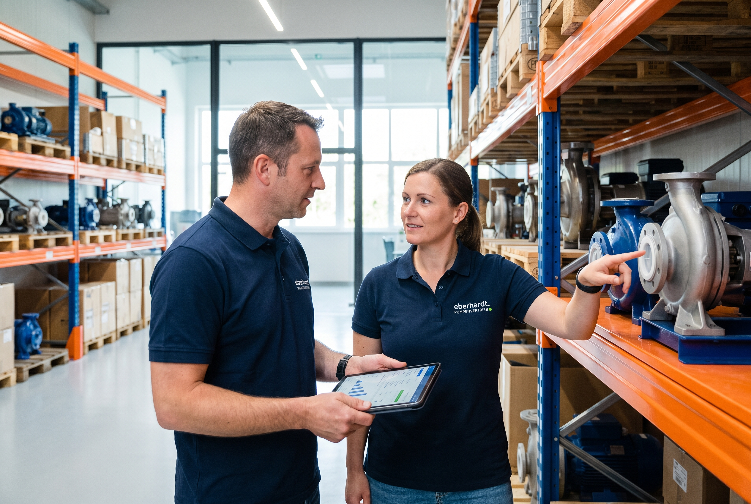 Zwei Fachkräfte von Eberhardt besprechen eine technische Pumpenanfrage im Lager