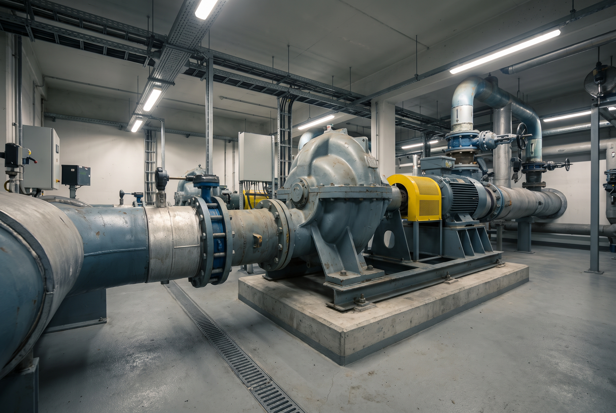 Industrielle Pumpenanlage mit Rohrleitungen und elektrischen Antrieben