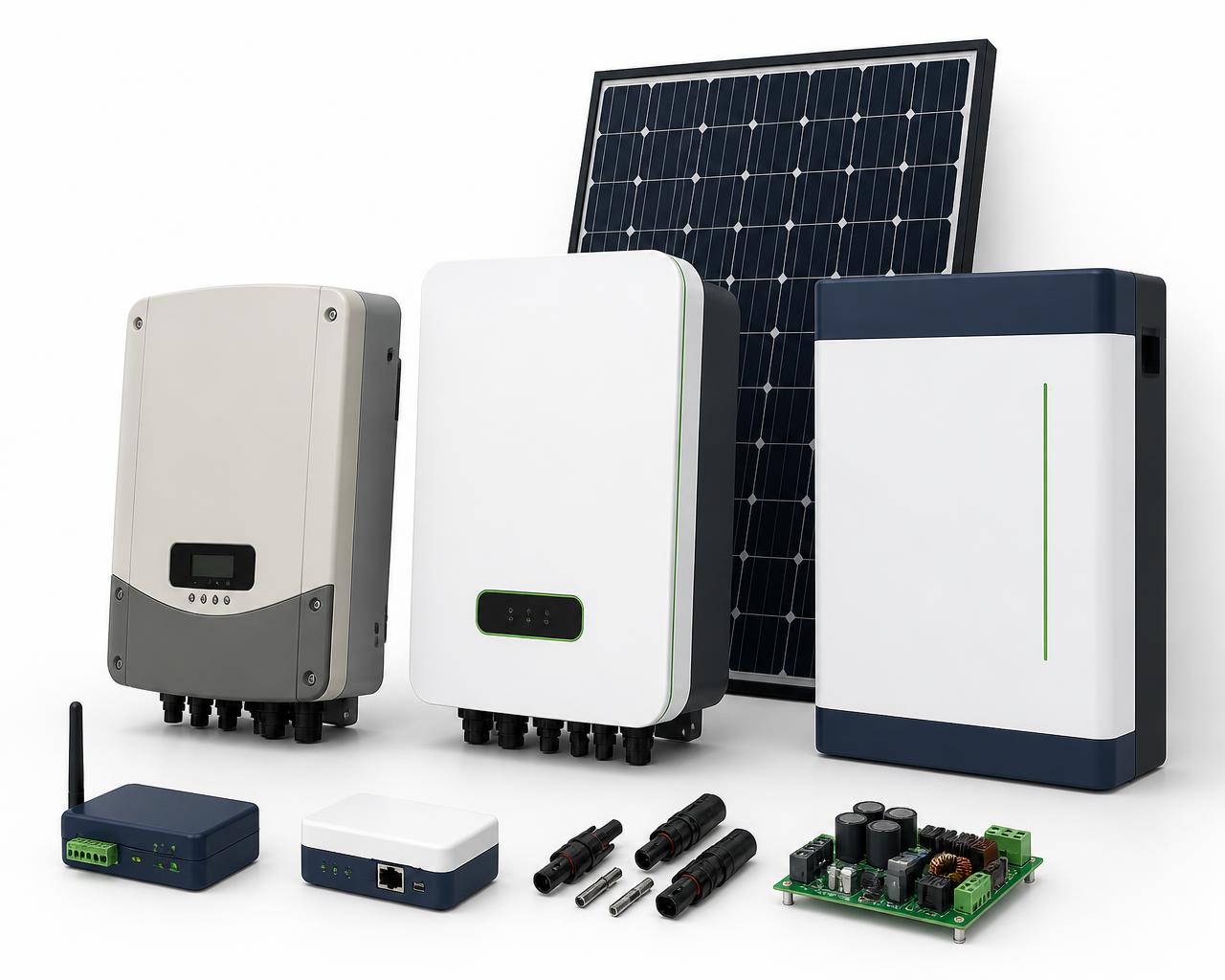 Ältere und moderne Wechselrichter, Solarmodul, Batteriespeicher sowie Kommunikationsmodule und Ersatzkomponenten