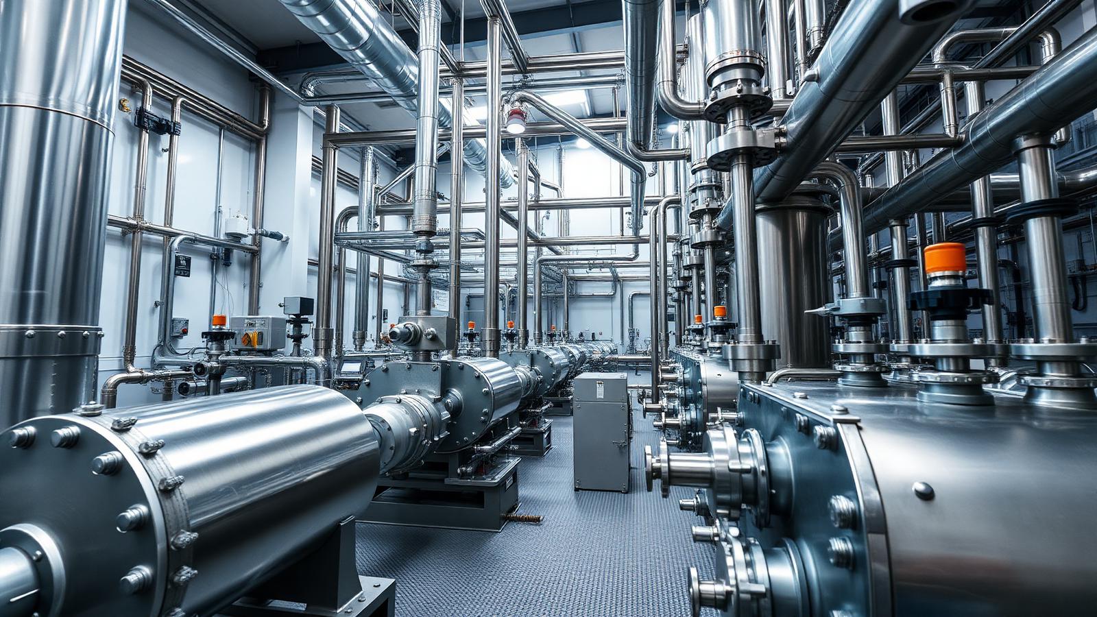Moderne Produktionsanlage mit Prozesspumpen und Rohrleitungen